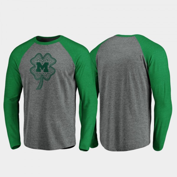 Michigan For Men T-Shirt Heathered Gray High School Raglan Long Sleeve Celtic Charm St. Patrick's Day