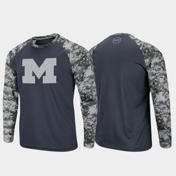 University of Michigan Men T-Shirt Charcoal Camo Raglan Long Sleeve Digi Camo OHT Military Appreciation Stitch