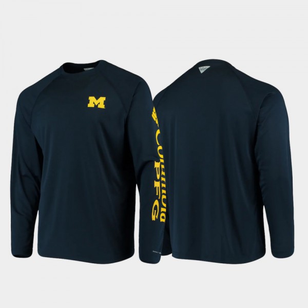 University of Michigan Men T-Shirt Navy University Omni-Shade PFG Terminal Tackle Long Sleeve