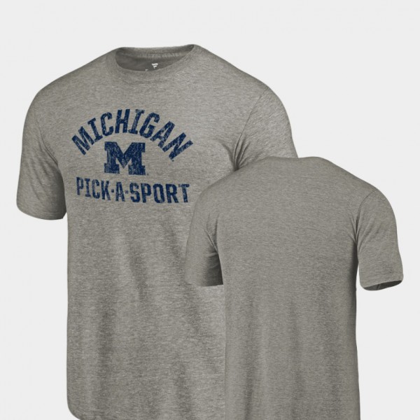 University of Michigan Mens T-Shirt Gray Stitched Pick-A-Sport Tri-Blend Distressed