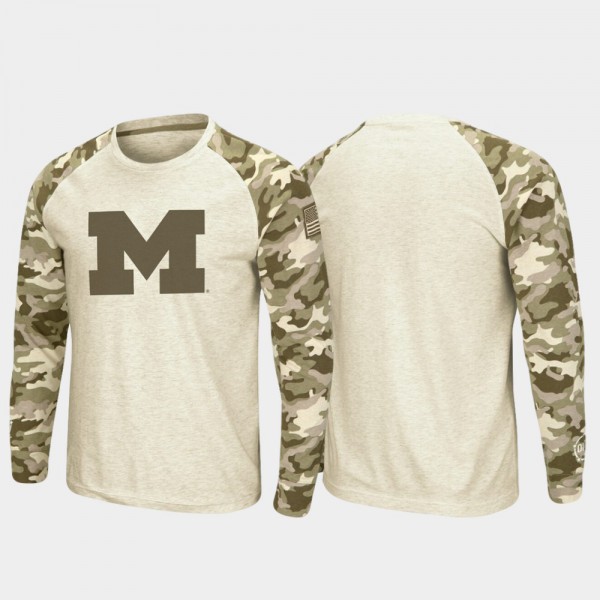 Michigan Wolverines For Men T-Shirt Oatmeal Alumni Raglan Long Sleeve Desert Camo OHT Military Appreciation