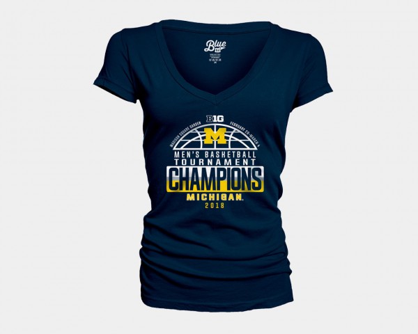University of Michigan For Women's T-Shirt Navy V-Neck 2018 Big Ten Champions Locker Room Basketball Conference Tournament University