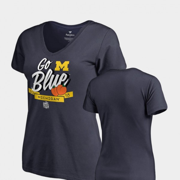 Michigan Wolverines Womens T-Shirt Navy Stitched 2018 Peach Bowl Bound Dime V-Neck