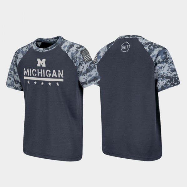 University of Michigan Youth T-Shirt Charcoal Embroidery OHT Military Appreciation Raglan Digital Camo